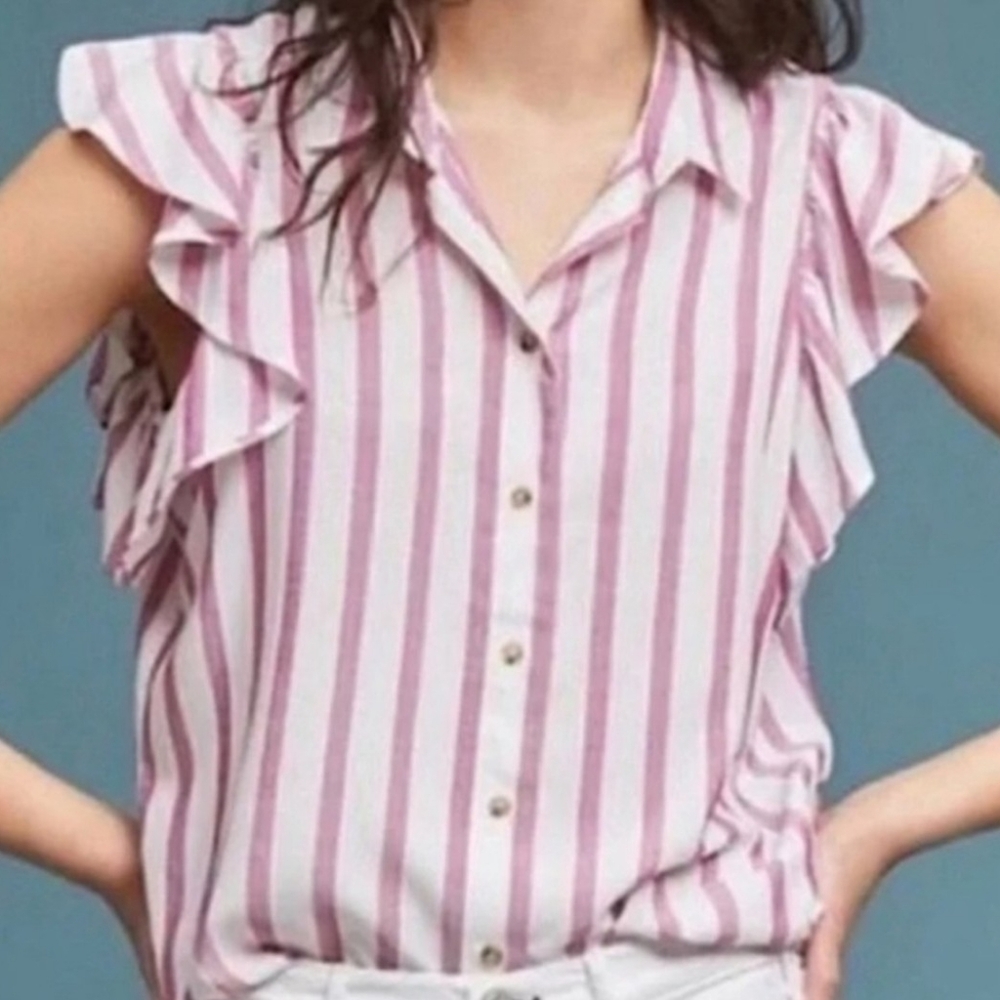 MAEVE ANTHROPOLOGIE  Fairhope Striped Button Down Ruffle Sleeve  - Size Small